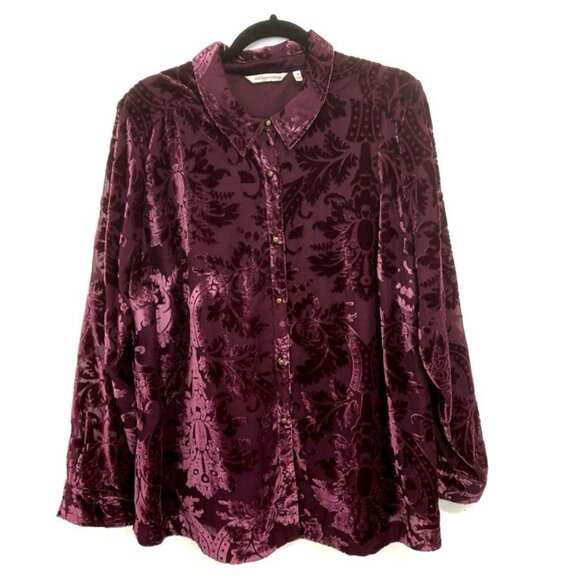 Soft Surroundings 1X Floreat Blouse Shirt Purple Floral Velvet Burnout Button Up - Picture 2 of 10